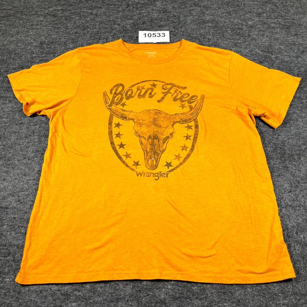 Wrangler T Shirt Mens XL Orange Born Free Bull Skull Graphic Print Crew Neck